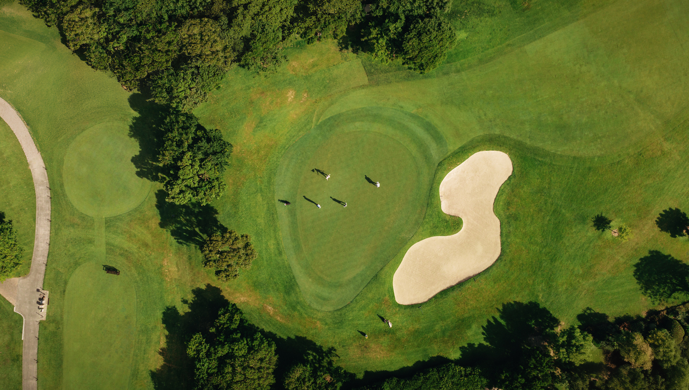 Aerial drone shot of a scenic golf course