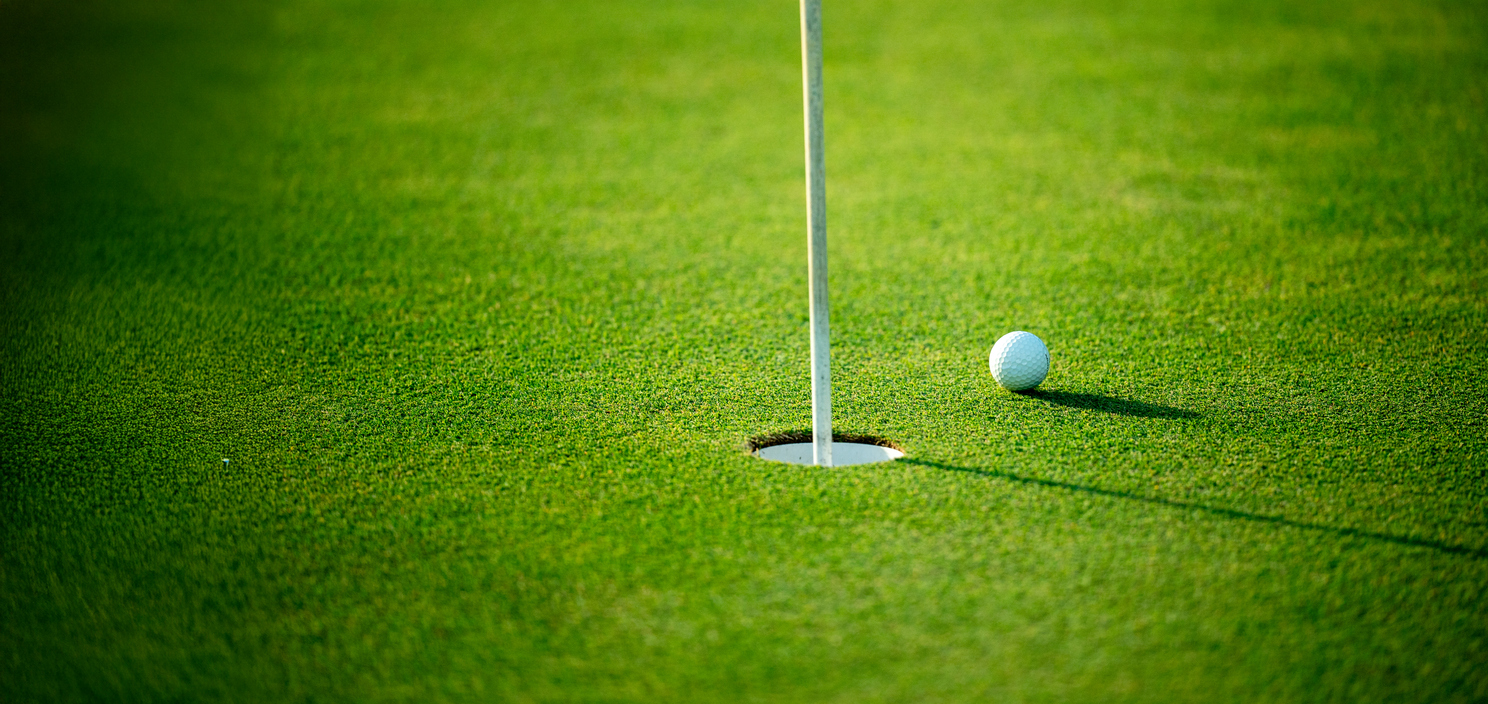 A golf ball is sitting in a hole on a green field. The hole is surrounded by grass