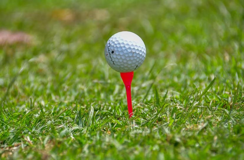 a golf ball on a red golf tee